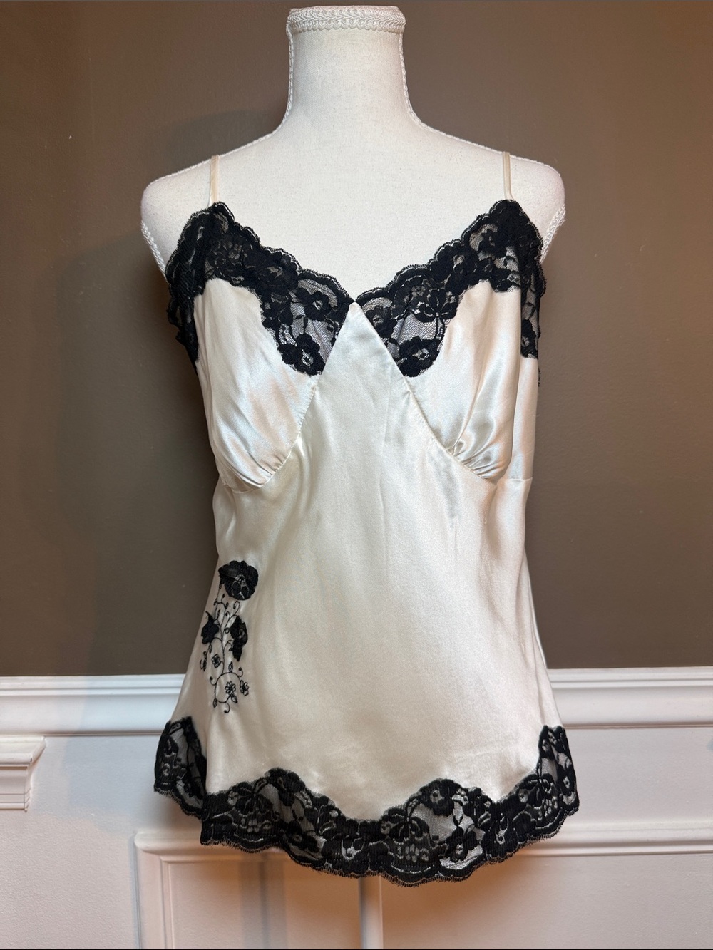 100% Silk Lace Cami Top L Black & White Coquette NWT Deadstock Y2K
